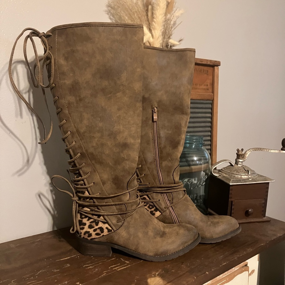 Very Volatile Marcel Brown Lace-Up Knee-High Boots with Leopard Inset